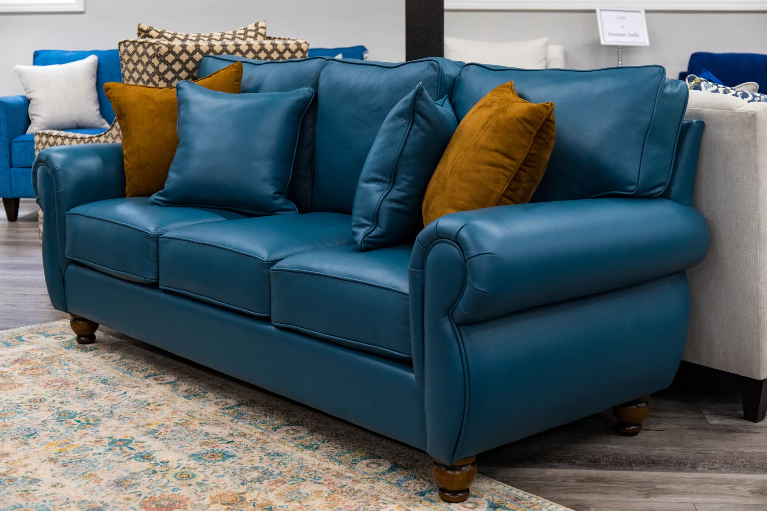 blue leather sofa