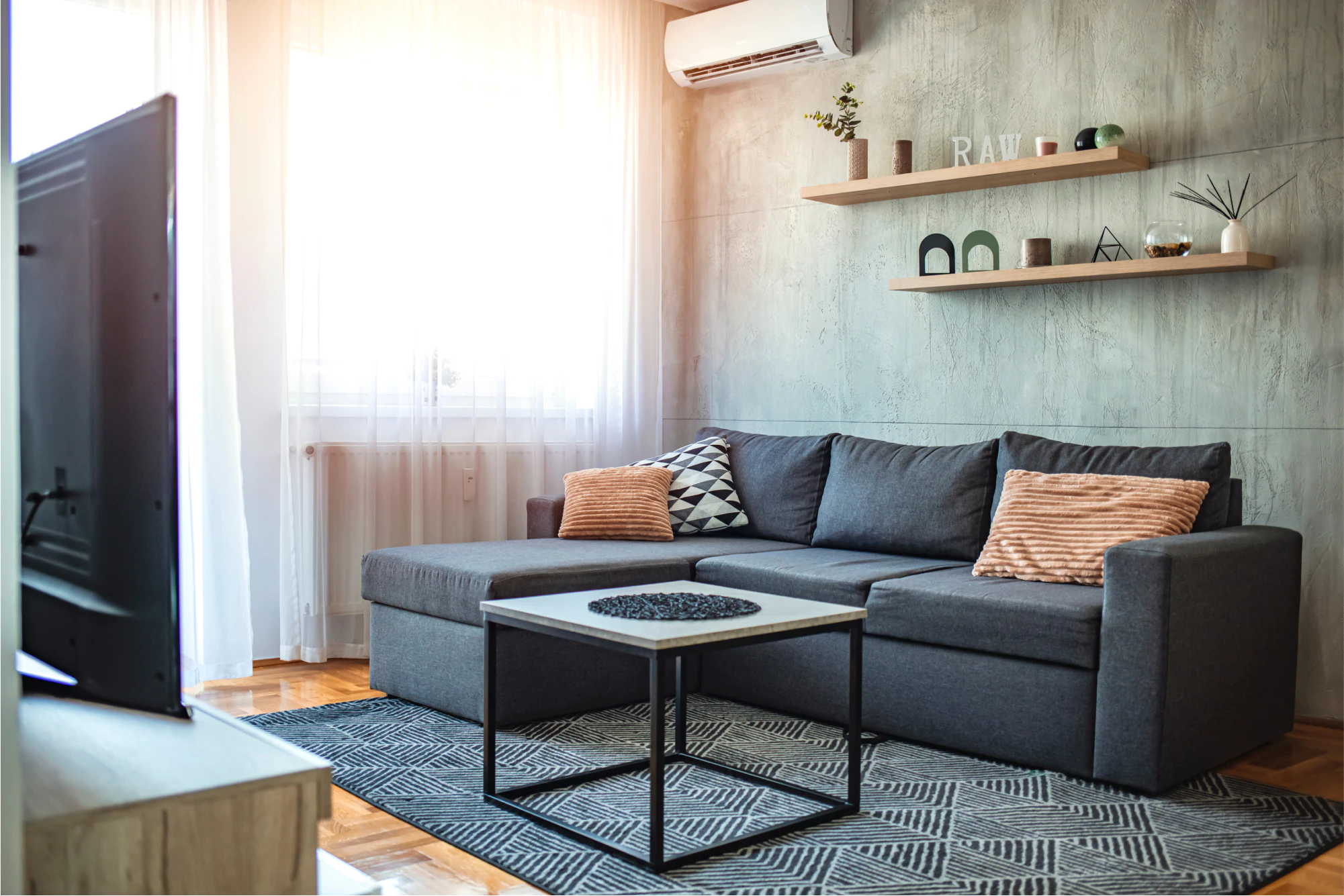 blue sofa in living room