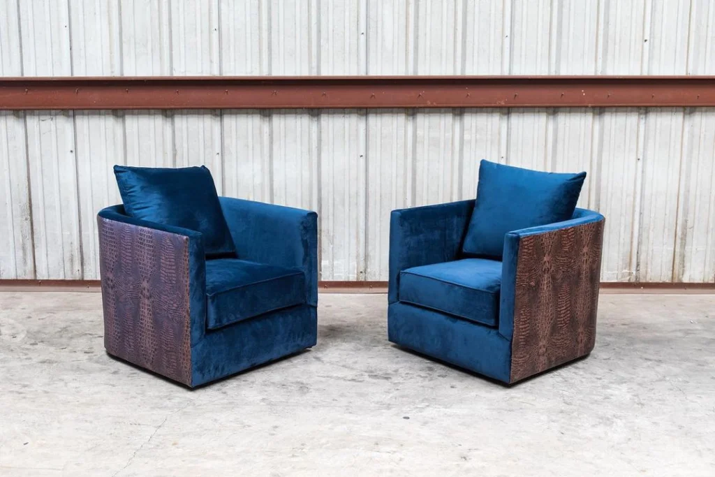 Living Designs Furniture created two turquoise-colored armchairs with wood-printed fabric on the sides.