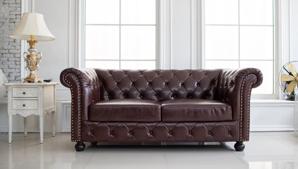 Dark brown vintage sofa with curved arms and studded details.