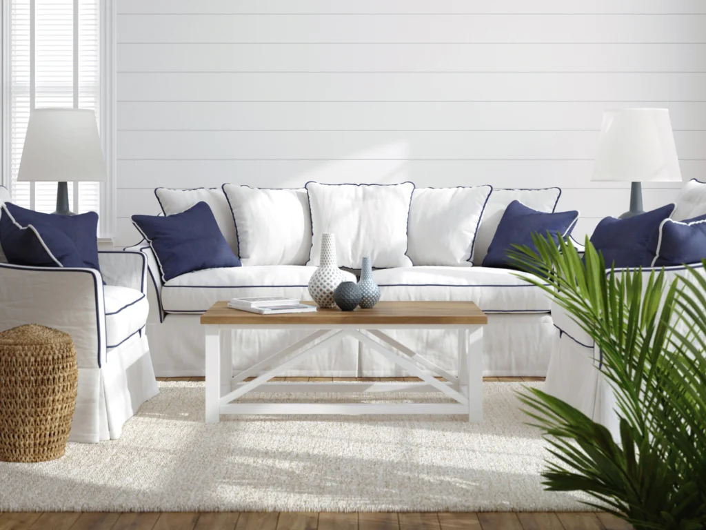 Living room decorated in a coastal style.