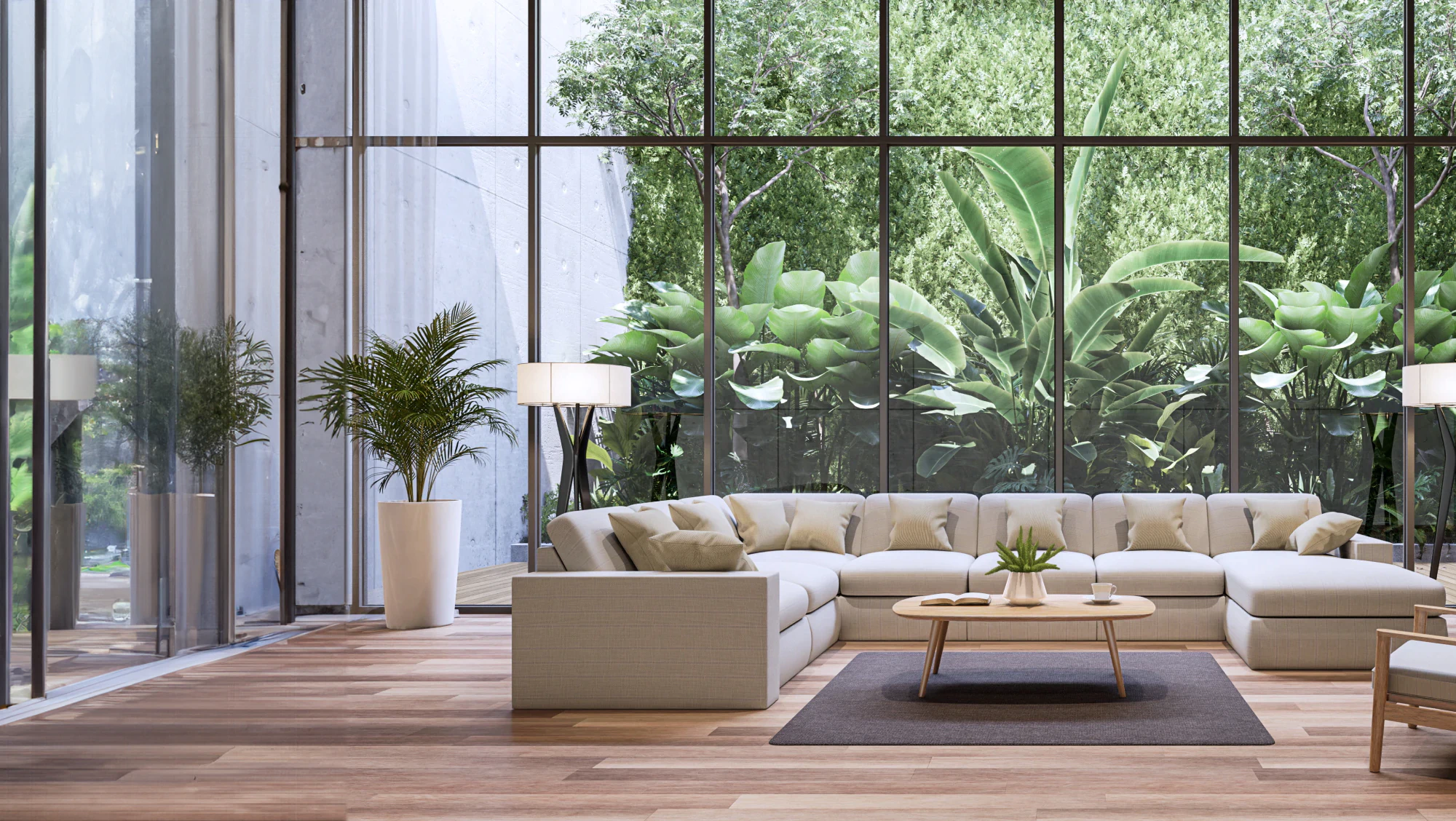 Modern living room with tropical style garden