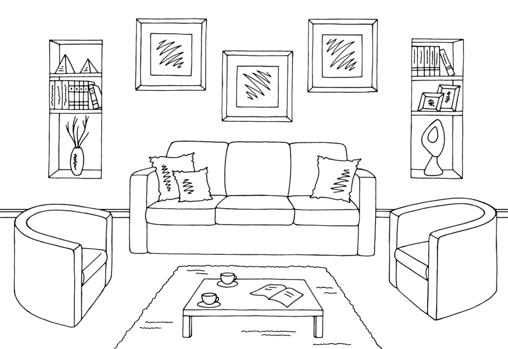 Digital drawing of a living room floor plan.