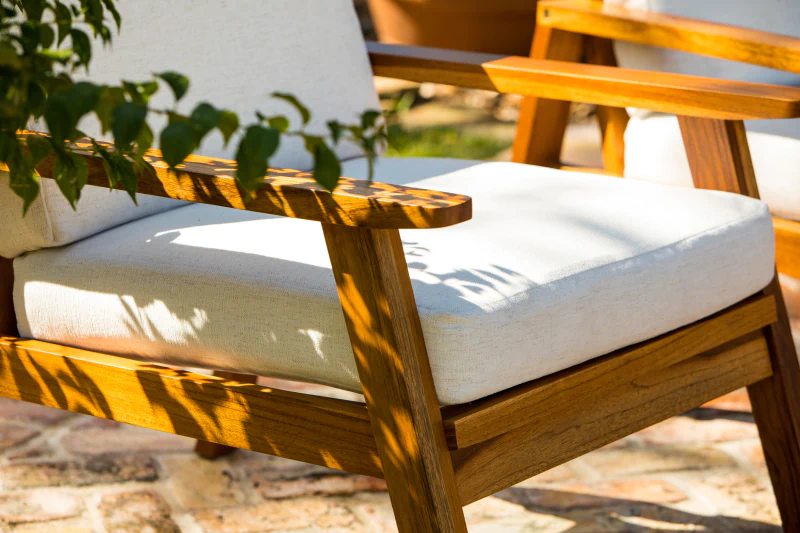Close-up of teak wood patio furniture by Living Designs Furniture